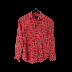Gant Island 100% Linen Shirt Medium Red Orange Plaid Button Down Long Sleeve